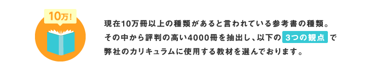 現在10万冊以上の種類があると言われている参考書の種類。その中から評判の高い4000冊を抽出し、以下の【３つの観点】で弊社のカリキュラムに使用する教材を選んでおります。