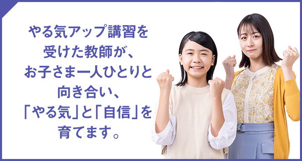 やる気アップ講習を受けた教師が、お子さま一人ひとりと向き合い、「やる気」と「自信」を育てます。
